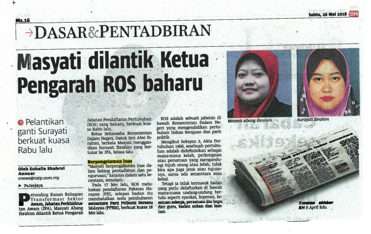 26 Mei 2018 Masyati Dilantik Ketua Ketua Pengarah Ros Baharu